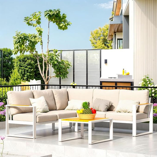 Outdoor Patio Furniture Set, Aluminum Sectional Sofa L Shape Conversation Sets, Modern Metal Patio Couch Sofa and Teak Desktop Aluminum Table for Patio, Porch, Backyard