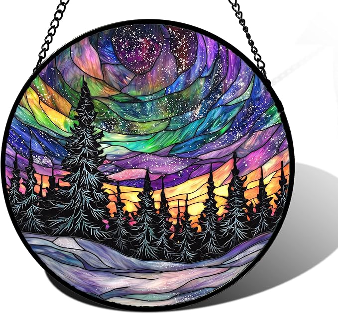 DASTOLL Stained Glass Window Hanging, Van Gogh Night Scene Sun Catchers Colorful Glass Panel Starry Sky Suncatcher Decor for Birthday for Women, Men, Wife, Aunt, and Mom 9.8 in