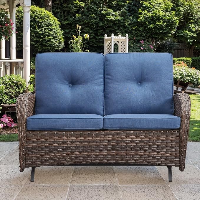 Patio Loveseat Wicker Loveseat Rattan Glider Sofa with Curved Armrest Thicking Back & Seat Cushions for Garden Balcony Backyard Brown Wicker|Blue Cushions (B) Patio Loveseat Glider