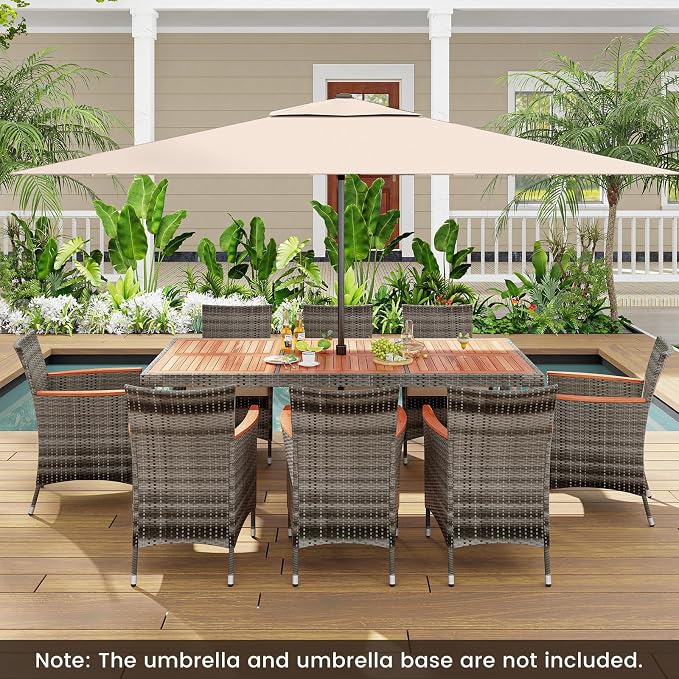 KOTEK 9 Piece Outdoor Dining Set, Wicker Patio Dining Set for 8 with Acacia Wood Table & Chairs, 1.96'' Umbrella Hole, Patio Table and Chairs Set for Backyard, Deck, Garden (Mix Grey)