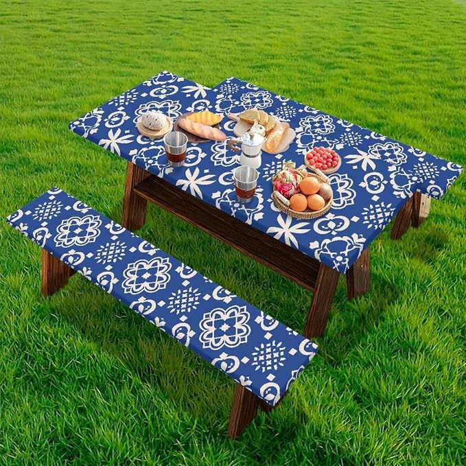 Vintage Flower Picnic Table Cover with Bench Covers Autumn Outdoor Camping Tablecloth Water and Oil Repellent Elastic Waterproof Picnic Table Cover 3 Piece Set for 6 Foot Tables
