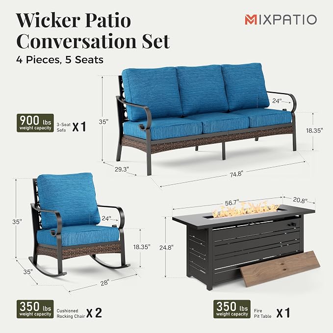 MIXPATIO Patio Furniture Set with Firepit Table, Black Frame Outdoor Conversation Set with 2 x Rocking Chairs, 1 x 3-Seat Sofa for Lawn Garden Backyard, Pacific Blue