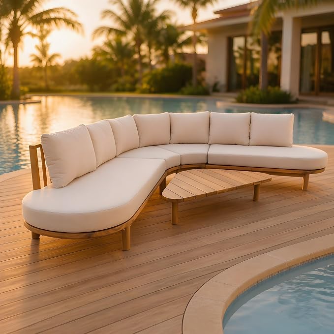 Christopher Knight Home Gemsy 118" Acacia Wood Outdoor Patio Furniture Set with Cushion, Outdoor Half Moon Curved Sectional Sofa Set with Coffee Table, Patio Sectional Sofa Set, Beige+Light Teak