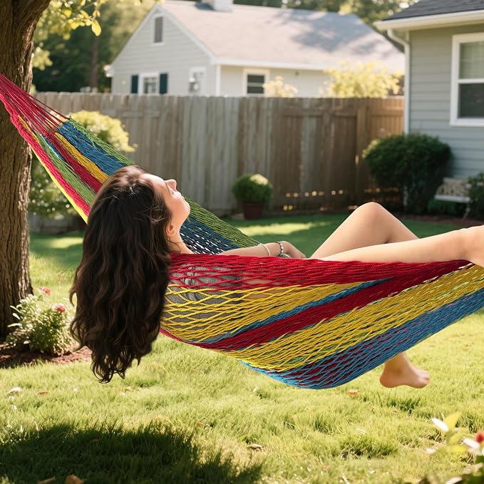 Handwoven Mayan Hammock - Breathable Open Weave for 1-2 Adults, Portable with Carry Bag by Bathonly (Backyard, Camping, Beach) - Multicolor