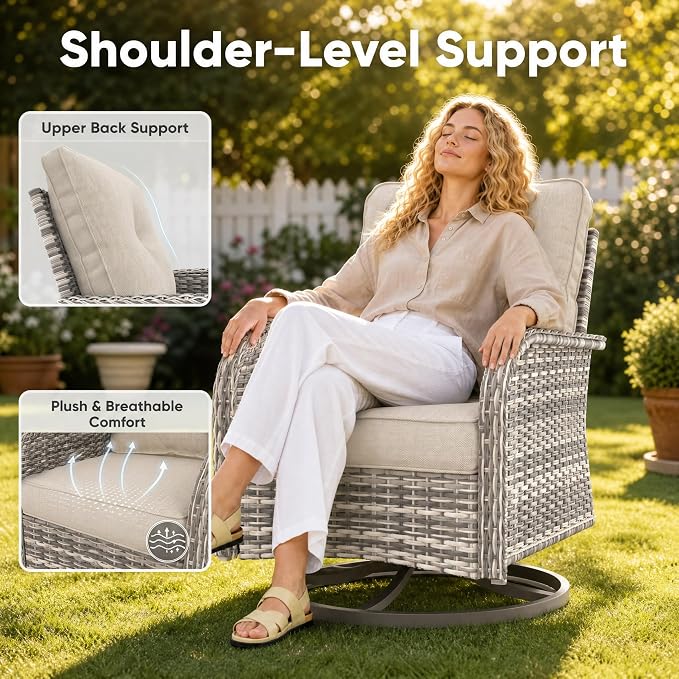 11-Piece Small Patio Furniture Set, Outdoor Swivel Rocking Chairs Set with Ottomans, Patio Bistro Set for Balcony, Deck, Porch, Khaki