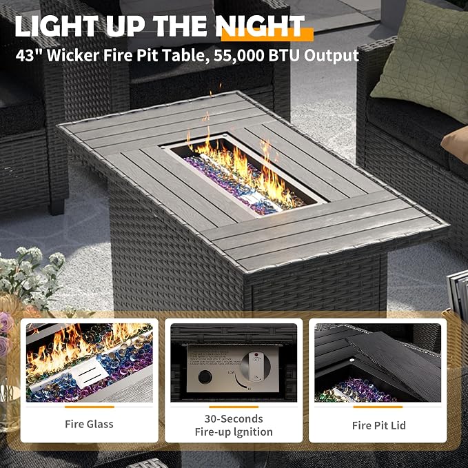 UDPATIO Patio Furniture Set with 44" Fire Pit Table, 8 Pieces Outdoor Sectional Conversation Sets, All-Weather Wicker Rattan Sofa Ottoman with 4" Thick Cushion for Garden Backyard Deck, Black