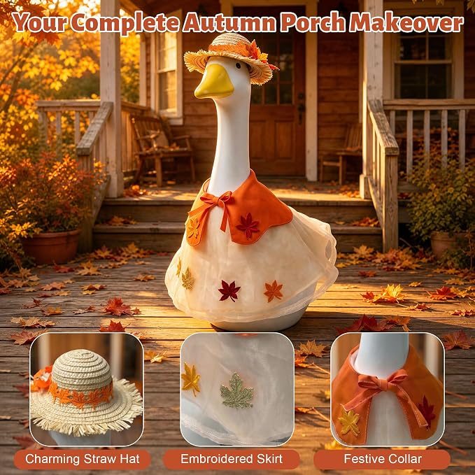 3 Pcs Fall Porch Goose Outfits Maple Goose Clothes for 23" Cement Goose Set | Outdoor Garden Statue with Adorable Gooses Outfit, Garden Entrance Decoration, Thanksgiving Party Holiday Decor