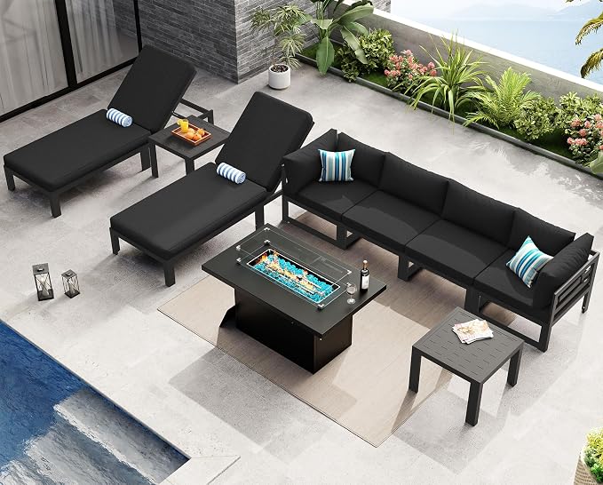 NICESOUL 9 Piece Extra Large Modern Aluminum Patio Furniture Set, Weather Resistant Modular Outdoor Conversation Set with Chaise, 500 lbs Heavy Duty Comfortable Sectional Sofa for Poolside Deck, Black