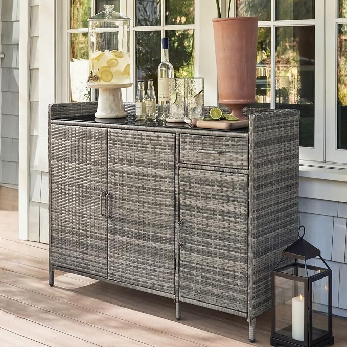 LUMISOL Outdoor Wicker Storage Cabinet with Adjustable Shelf and One Drawer, Weather-Proof Patio Bar Table with Tempered Glass Desktop, Rattan Bar Table with Three Doors for Outdoor Pool Garden, Grey