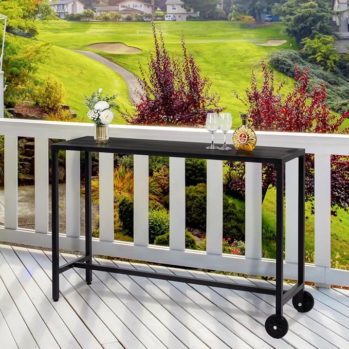 55" Outdoor Patio Bar Table,Rectangle Narrow Outdoor Counter Height Bar Table,Metal Patio Pub Bistro Cocktail Table,with Wheels,for Patio Garden Deck Yard Poolside Balcony (Black)