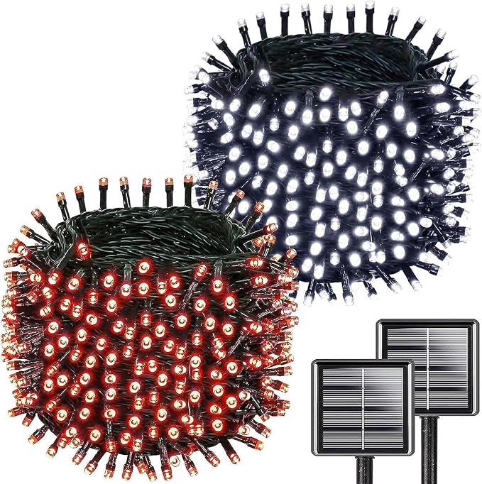 KAQ 2pack 500LED Solar String Lights Outdoor Waterproof Red & White | Total 180FT Flexible Wire With Bright LEDs, 8 Twinkle Modes with Memory, Auto On/Off Easily Decorates Trees, Fences, Garden