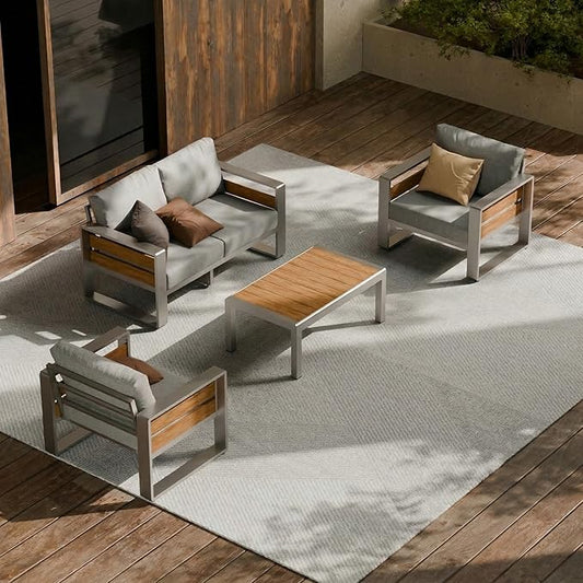 ZANDOR Aluminum Outdoor Patio Furniture Set with Table,4 Seat, Silver | Rustproof,High weight capacity,Water-repellent,Washable Cover,All-Weather Resistant,Easy clean,for Poolside Backyard Deck