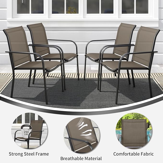 SUNCROWN 7 - Piece Outdoor Dining Set, Patio Furniture Set with 6 x Textilene Dinning Chairs and 53" Metal Round Table with Umbrella Hole for Lawn Garden Backyard Deck, Brown