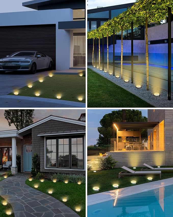 btfarm 24 Pack Solar Lights Outdoor, 8 LED Solar Ground Lights IP65 Waterproof Flat Solar Disc Light, Pathway Lights for Garden Lawn Patio Yard Path Landscape, Warm White