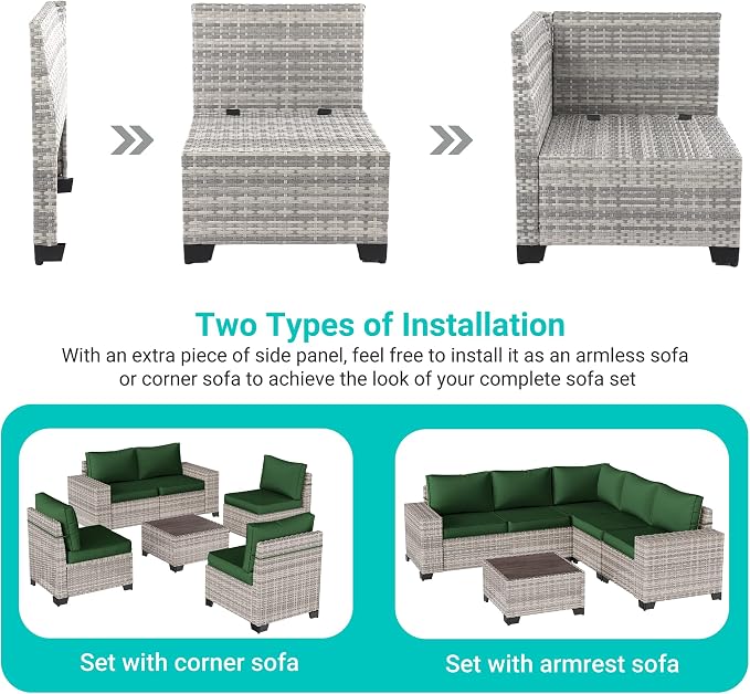6-Piece Outdoor Patio Furniture Set Wicker Sectional Sofa Set, Patio Conversation Set with Thickened Cushions & Chunky Arms Coffee Table for Garden, Backyard, Poolside, Green