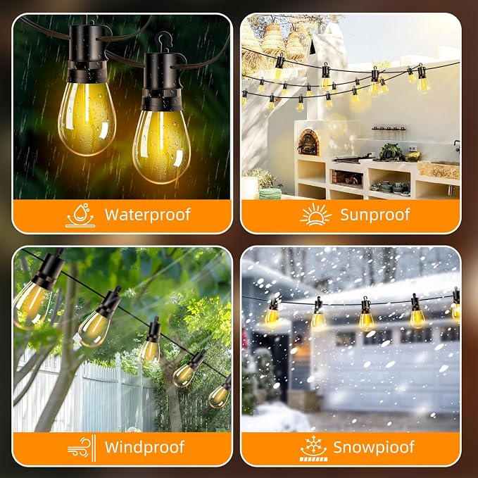 Outdoor Patio String Lights 100ft: S14 LED Shatterproof Bulbs 3 Modes Button Control - Waterproof Connectable Hanging Lights - Garden Backyard Yard Gazebo Porch Party Decorative