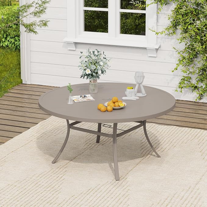 VICLLAX 50" Round Patio Table, Outdoor Dining Table for 6 with Umbrella Hole for Garden Lawn Deck Backyard, Sandshell