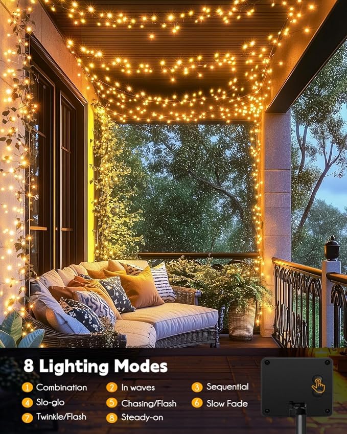 120 LED Solar Fairy Lights Outdoor Waterproof IP65, 10FT 8 Lighting Modes | Solar Christmas Lights Outdoor Waterproof Cascading Twinkle Lights Balcony Garland Patio Christmas Decorations, Warm White