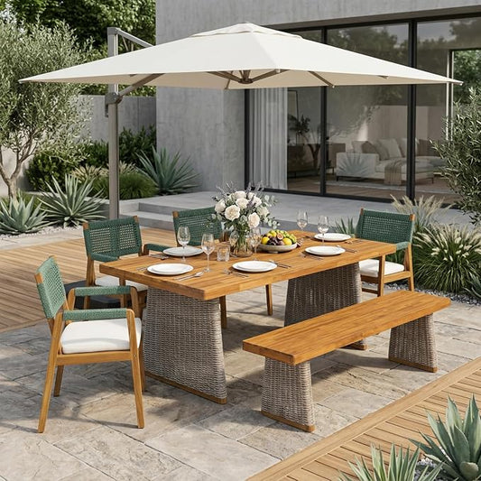 Christopher Knight Home 6-Piece Outdoor Dining Set, Acacia Wood Patio Table with Brown Wicker Bench and 4 Green Wicker Armchairs, Teak Finish, Beige Cushions, Backyard Garden Deck Furniture
