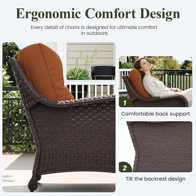 LayinSun 7 Piece Wicker Outdoor Furniture Set with 6-inch Comfy Cushions, High Back Patio Furniture Set with Rattan Armchairs and Fire Pit Table