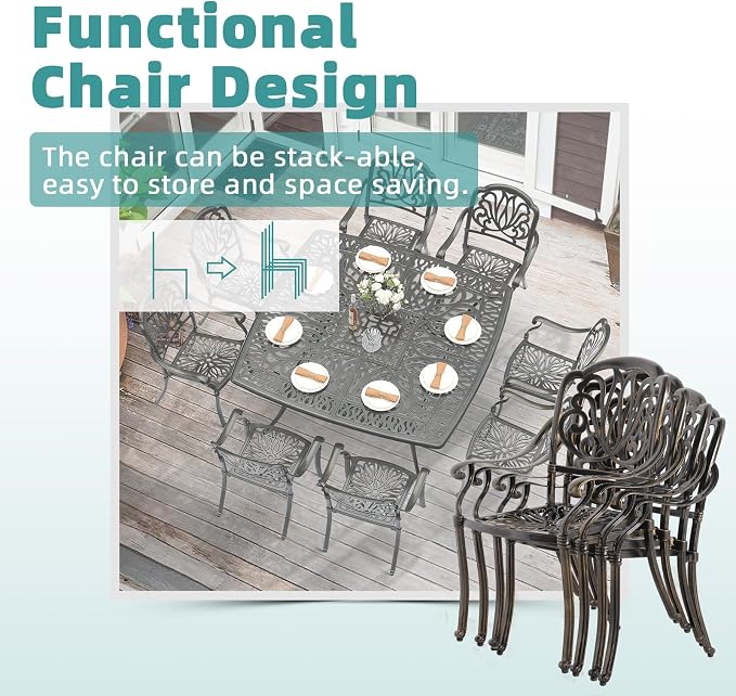 MEETWARM 9-Piece Outdoor Furniture Dining Set for 8, All Weather Cast Aluminum Patio Dining Set- Large 64" Square Table with Umbrella Hole and 8 Cushioned Chairs, Patio Table and Chairs Set, Red