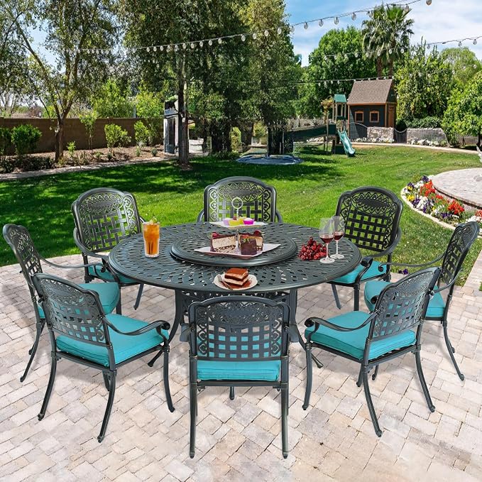 9-Piece Patio Cast Aluminum Dining Set, Outdoor Dining Furniture Set for 8 Person, Includes 8 Cushioned Chairs and 61" Large Round Dining Table W/ 31" Lazy Susan, Umbrella Hole, Ocean Blue