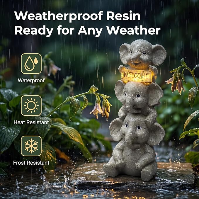 Lyeasw Solar Elephant Garden Statue with Lighted Welcome Sign, Outdoor Decor for Patio Porch Yard, Cute Elephant Family Figurine for Garden, Gift for Mom Grandma Garden Lovers