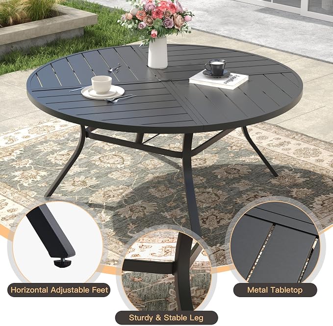 Outdoor Dining Set for 8, 53.1" Metal Round Outdoor Dining Table with Umbrella Hole and Wicker Stackable Patio Chairs, 9 Pieces Patio Table and Chairs Set for Garden Backyard, Black
