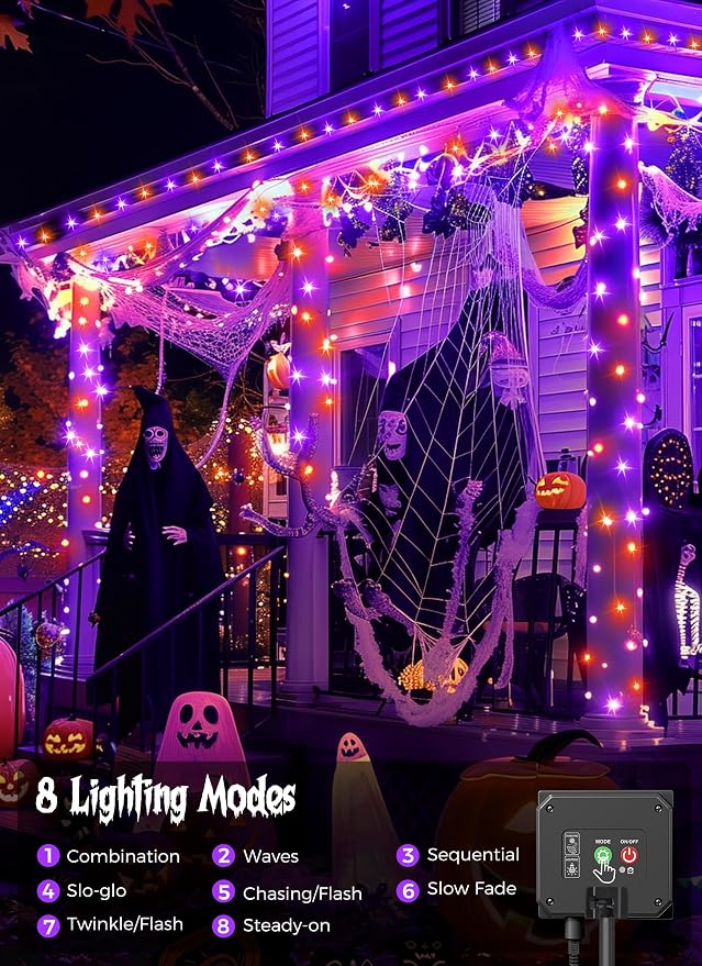 Minetom 2Pack Solar Halloween Lights Outdoor,Total 80FT 200LED String Light | Solar Halloween Decoration Outdoor with 8 Mode, Waterproof Solar String Lights for Outside Tree Yard, Orange & Purple