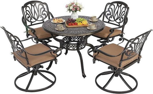 5-Piece Cast Aluminum Outdoor Patio Dining Set, All Weather Cast Aluminum Outdoor Furniture Dining Set for Patio, Balcony, Garden, Backyard w/4 Swivel Chairs & Cushions, 2.0" Umbrella Hole