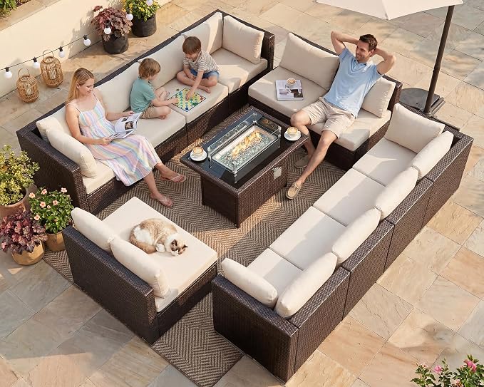 BULEXYARD 13 Piece High Back Wicker Patio Furniture Sets with Fire Pit, All-Weather Heavy Duty Outdoor Seating Set Modular, Extra Deep Wide 12-Person Sectional Couch Sofa for Backyard, Brown & Beige