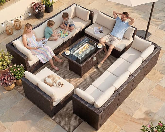 BULEXYARD 13 Piece High Back Wicker Patio Furniture Sets with Fire Pit, All-Weather Heavy Duty Outdoor Seating Set Modular, Extra Deep Wide 12-Person Sectional Couch Sofa for Backyard, Brown & Beige
