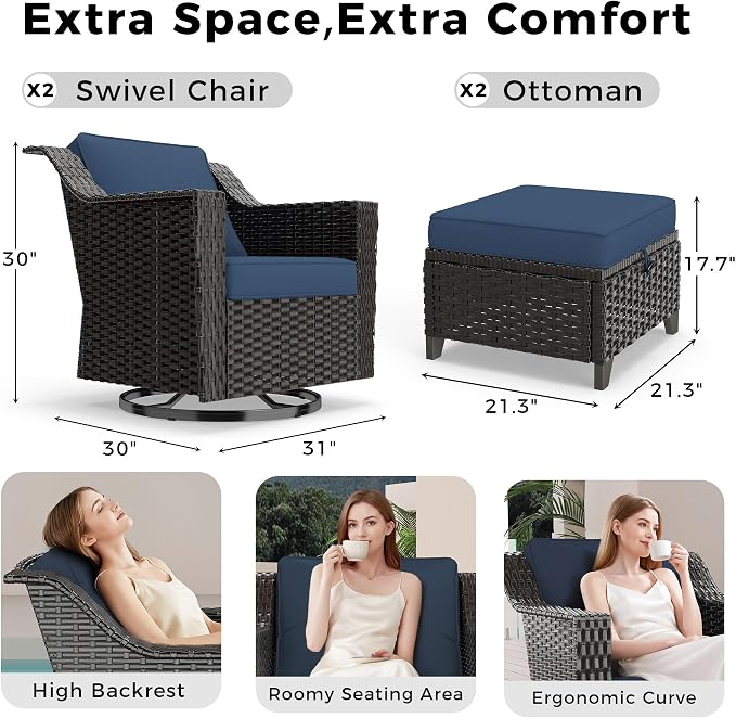 4 Pieces Patio Conversation Furniture Set - 2 Swivel Chairs, 2 Ottomans, Outdoor Wicker Furniture with Removable Cushions for Porch, Balcony, Sunroom (Blue)