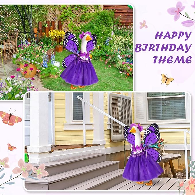 5pcs Butterfly Porch Goose Outfit Costume Tutu Skirt Butterfly Wing Wand Flower Crown for 17‘' 23‘' Cement Goose