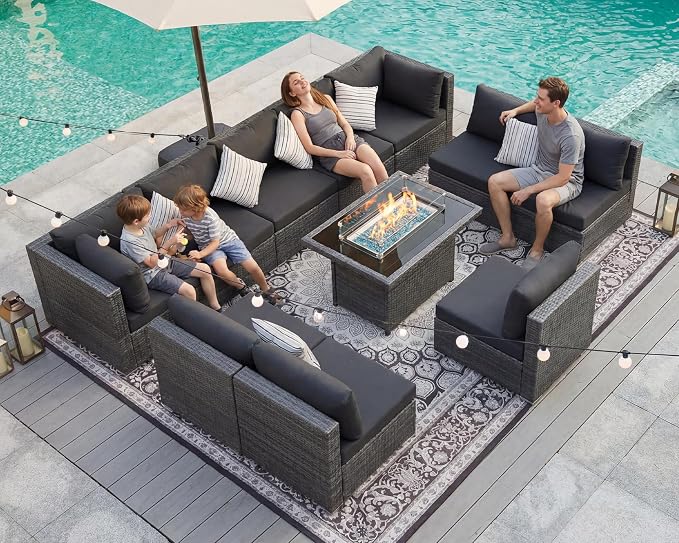 BULEXYARD 11 Piece High Back Patio Furniture Set with Fire Pit Table, Luxury Comfy Deep Wide Seat Outdoor Sectional Sofa, All-Weather Wicker Modular Conversation Couch 10-Seats for Backyard, Dark Grey