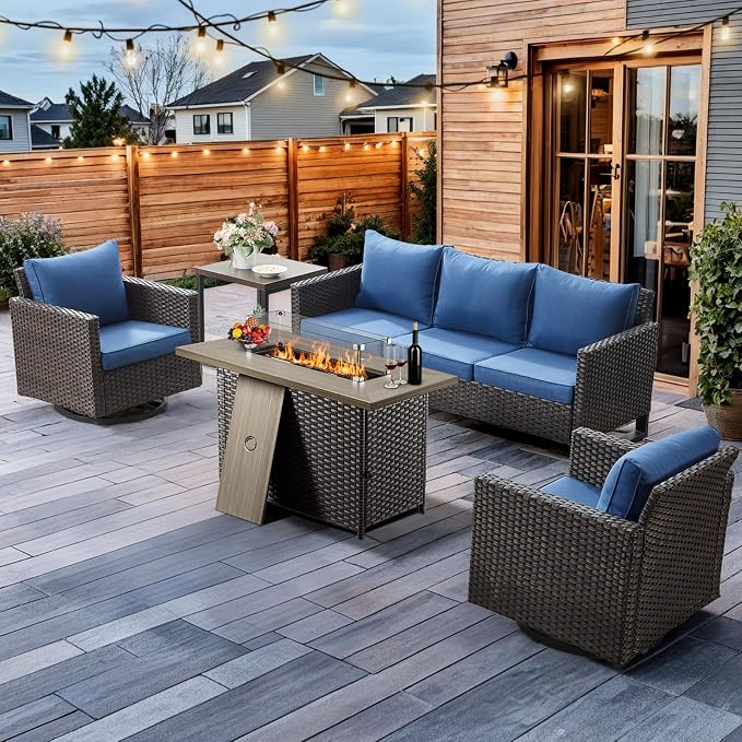 HUMMUH 5 Piece Patio Furniture Set with Fire Pit Table 41in 55,000 BTU,Wicker Outdoor Conversation Sets - Outdoor Swivel Rocker Chairs Patio Sofa for Porch,Garden,Backyard