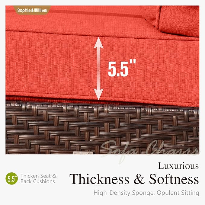 Sophia & William Patio Furniture Set with 56" Fire Pit Table, Metal Outdoor Conversation Set Patio Sectional with 3-Seater Sofas, 2 Fixed Chairs, 2 Ottomans, 1 Firepit Table for Porch Deck, Red