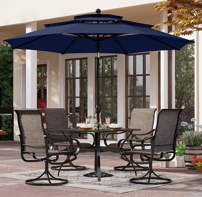 PHI VILLA Patio Furniture Set with Umbrella for 4,Swivel Mesh Dining Chairs | Includes 1 square metal table, 4 breathable textilene chairs and 10ft Navy Blue umbrella, designed for deck, backyard, garden