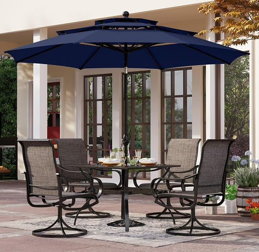 PHI VILLA Patio Furniture Set with Umbrella for 4,Swivel Mesh Dining Chairs | Includes 1 square metal table, 4 breathable textilene chairs and 10ft Navy Blue umbrella, designed for deck, backyard, garden