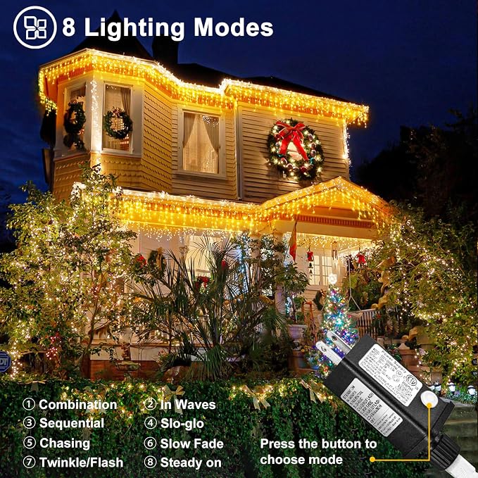 Warm White Christmas Lights Outdoor 99ft 1216 LED Icicle Lights for Outside | Plug in Clear Wire Waterproof Timer Memory for House Eaves Yard Wedding Party Holiday Decorations, 228 Drops String Lights