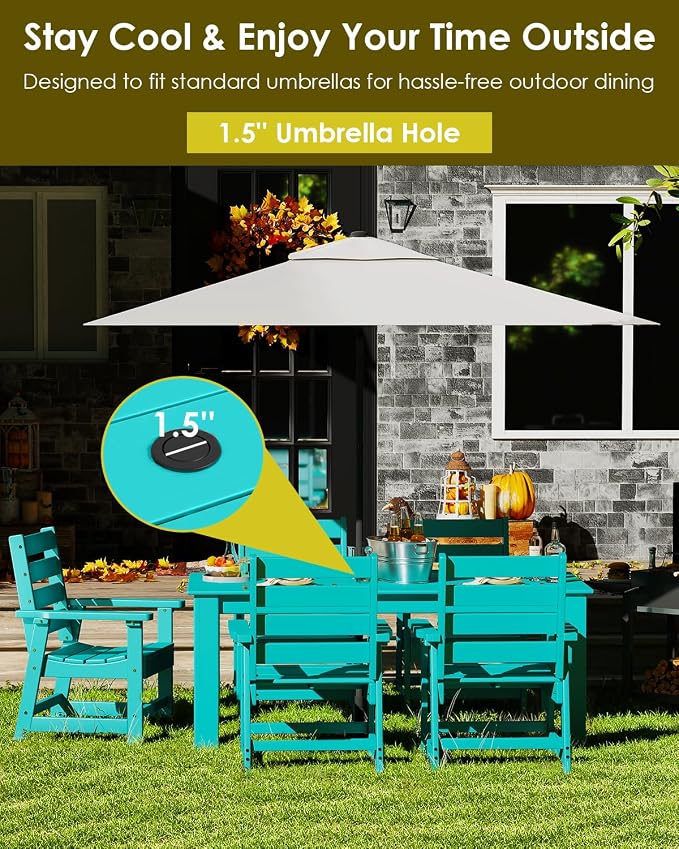 GREENVINES Outdoor Dining Table | 67’’ | HDPE | Rectangle Tables for 6 | All-Weather | Umbrella Hole | Patio Furniture | for Poolside Backyard Garden | Aqua