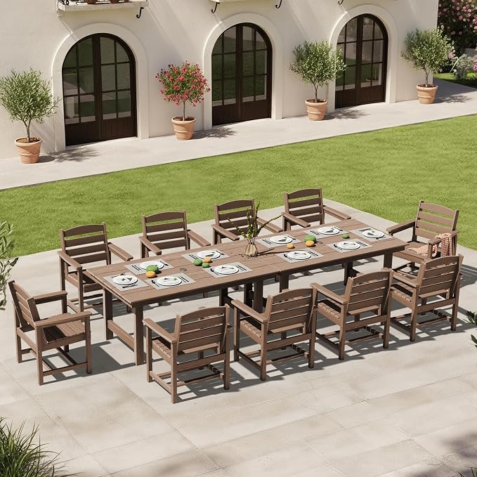 KINGYES 12 Piece Patio Dining Set, HDPE Outdoor Table and Chairs Set with Umbrella Hole, Brown
