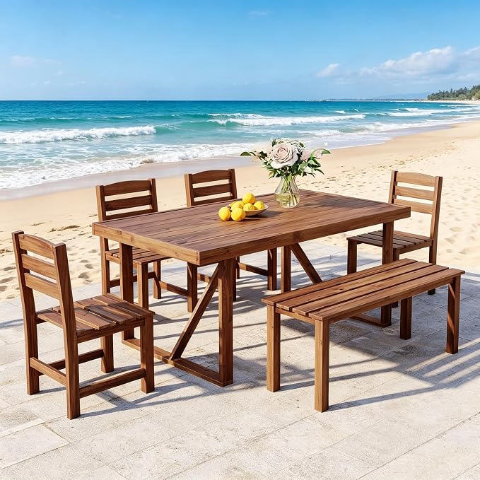 RuiSiSi Outdoor Dining Sets for 6, Acacia Wood Patio Table and Chairs Set with Bench and 4 Chairs for Balcony, Backyard, Garden, Poolside, Brown