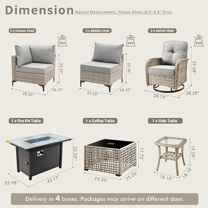9 Pieces Patio Sectional Furniture Set, Outdoor Wicker Sectional Couch with Firepit Swivel Rocker Chairs Solar Lights Table, Modern Conversation Set for Porch Balcony Backyard, Dark Gray