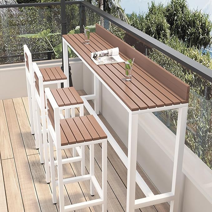 Outdoor Bar Table, Patio Pub Height Table with Anti-Fall Baffle, All-Weather Bar Height Counter Table, Narrow Dining Table for Hot Tub, Garden & Backyard(Color:White+Wood,Size:L-70.8in)