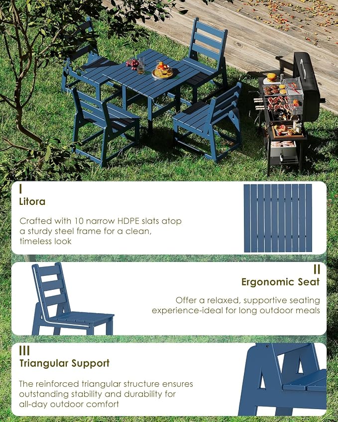 GREENVINES 5-Piece-Outdoor-Dining-Set | HDPE | Square | Patio Furniture | All Weather | Armless Chair | Slatted Table and Chairs Sets for 4 | for Backyard Poolside Garden | Blue