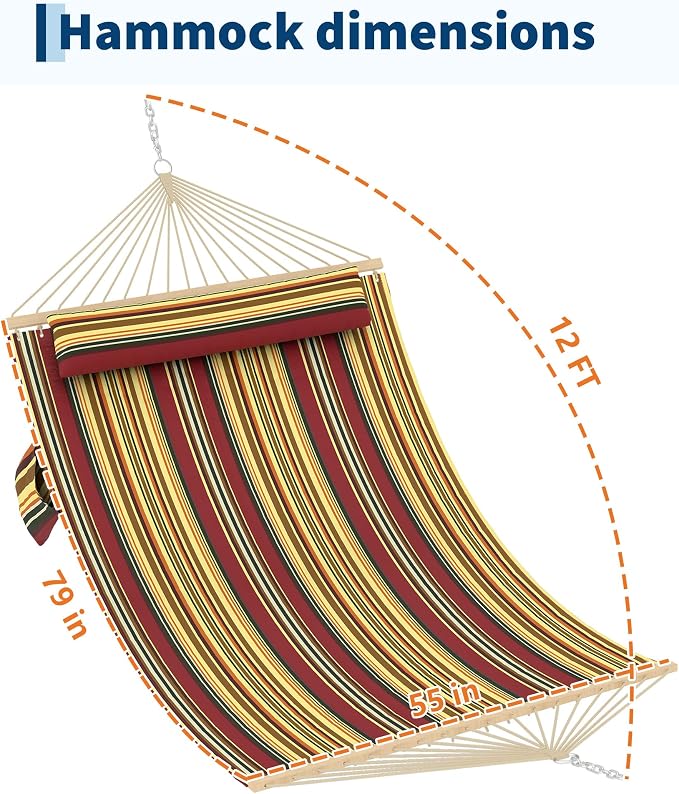 Double Quilted Hammock for 2 Adults – 350cm Large Outdoor Garden Swing Bed with Hardwood Spreader Bars, Detachable Pillow, Heavy-Duty 450lbs Capacity, Weather-Resistant, Ideal for Patio