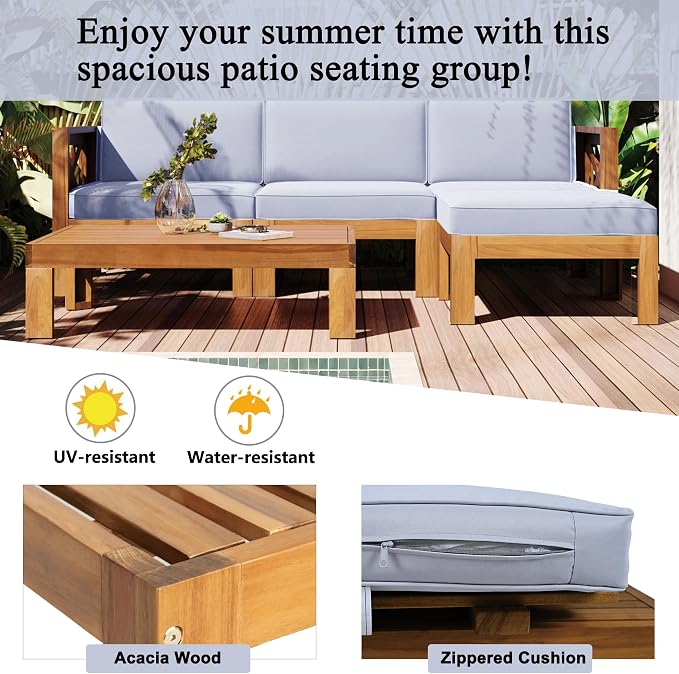 JIVOIT 5-Piece Outdoor Backyard Patio Set, Acacia Wood Sectional Sofa Seating Group Set with Tea Table and Cushions, Conversation Furniture Set for Garden Backyard Poolside