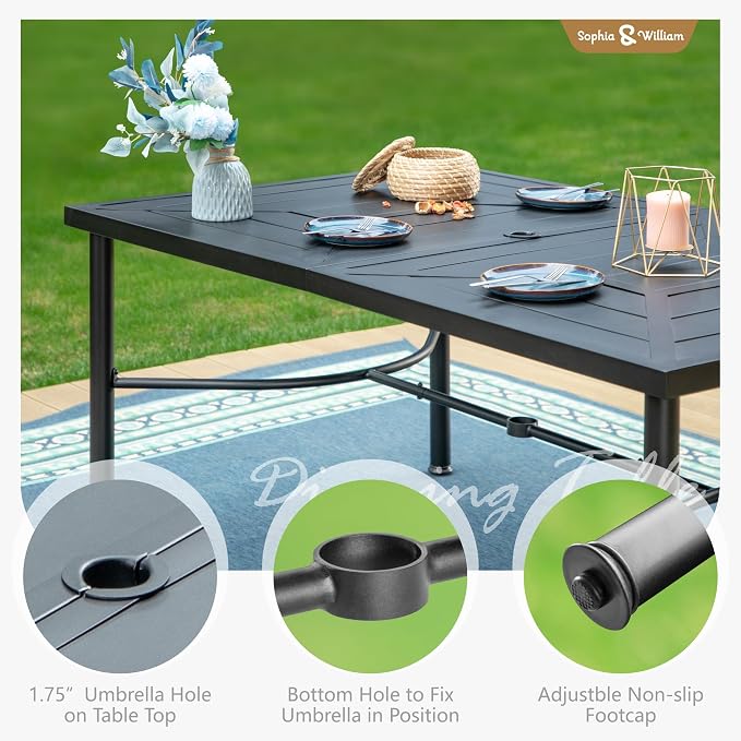 Sophia & William 64" Large Outdoor Dining Table, Rectangular Metal Patio Table for 6, E-Coating Weather-Resistant Dining Table with 1.77" Umbrella Hole for Garden Porch, Black