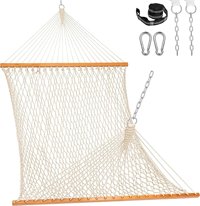 Lazy Daze Hammocks Double Rope Hammock, 2 Person Traditional Outdoor Hand Woven Cotton Rope Hammock with Spreader Bar, Carabiners, Tree Straps, Chains for Patio Yard - Max 450 Lbs, Natural